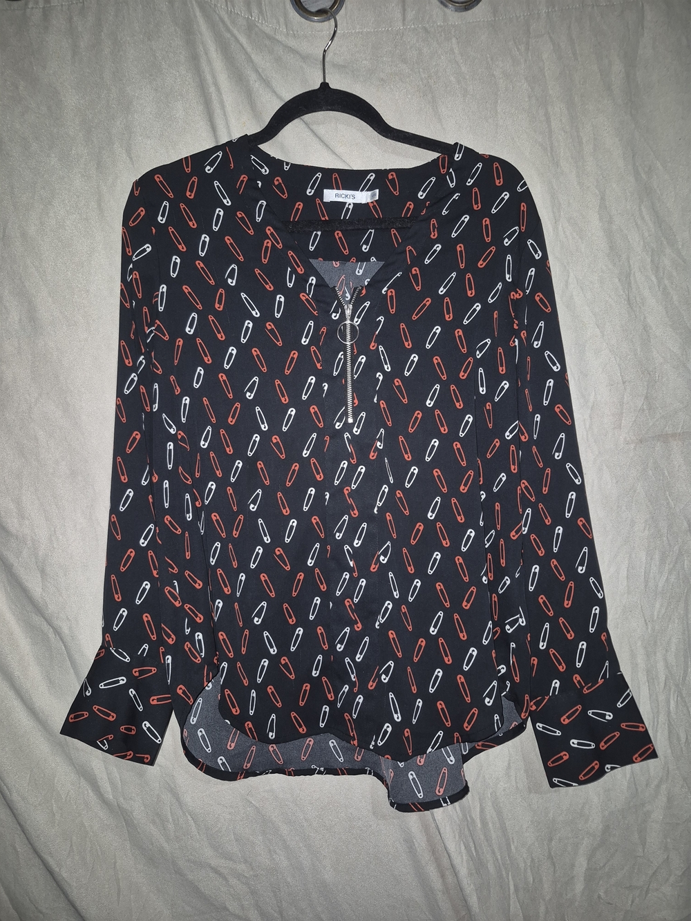 Ricki's Black Blouse with Red & White Safety Pin Print
